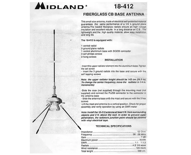 Базова антена Midland 18-412 1/4λ CB (26–28 МГц)