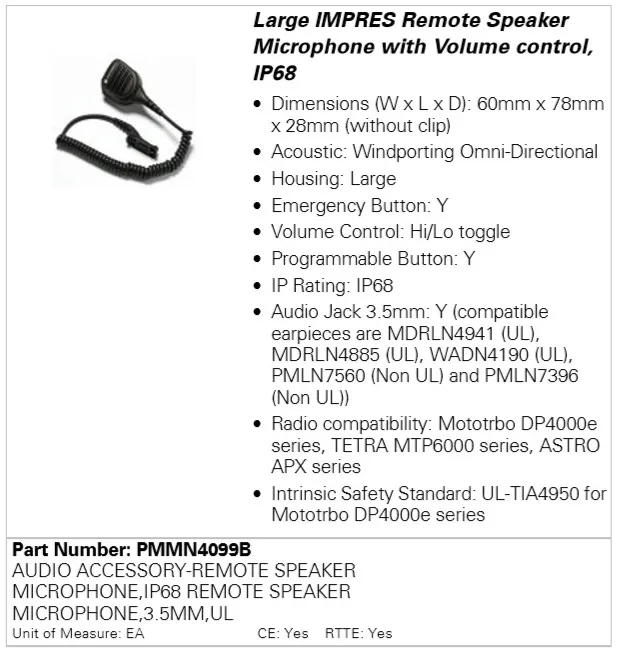 Виносний мікрофон-динамік (тангента) Motorola PMMN4099B для DP4000/DP4000e